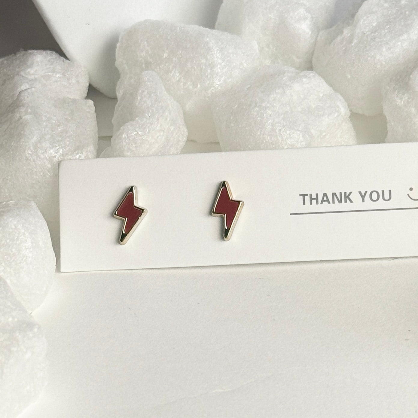 Red Enamel Lightning Bolt Silver Frame Stud Earrings B