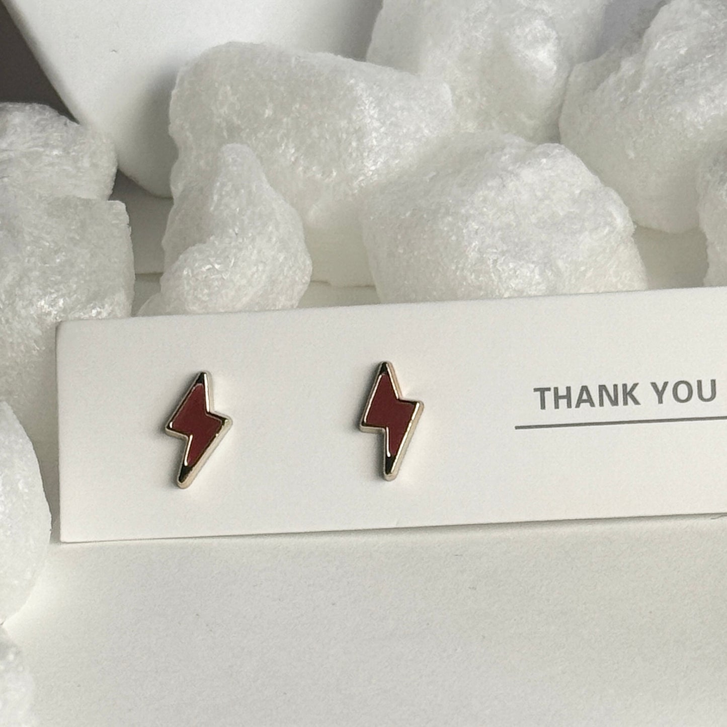 Red Enamel Lightning Bolt Silver Frame Stud Earrings B