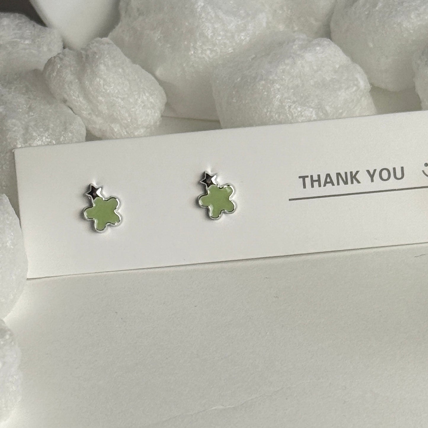 Green Enamel Four-Leaf Clover Silver Star Accent Stud Earrings B
