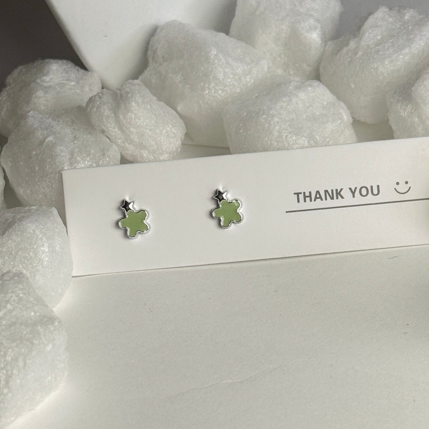Green Enamel Four-Leaf Clover Silver Star Accent Stud Earrings B