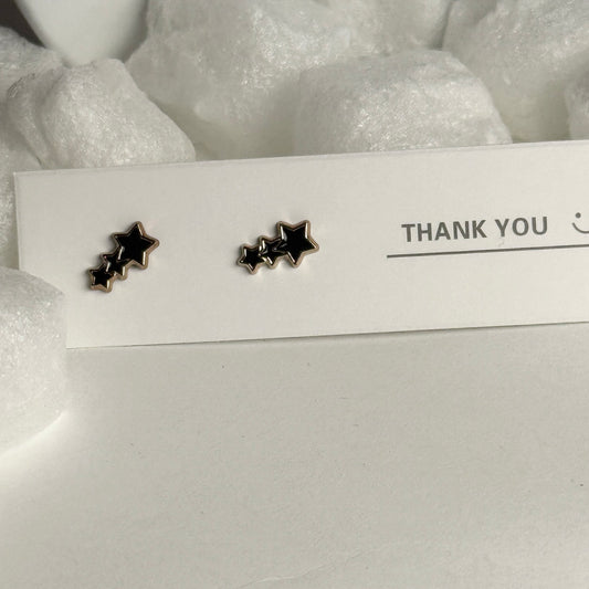 Black Enamel Triple Star Gold Frame Stud Earrings B