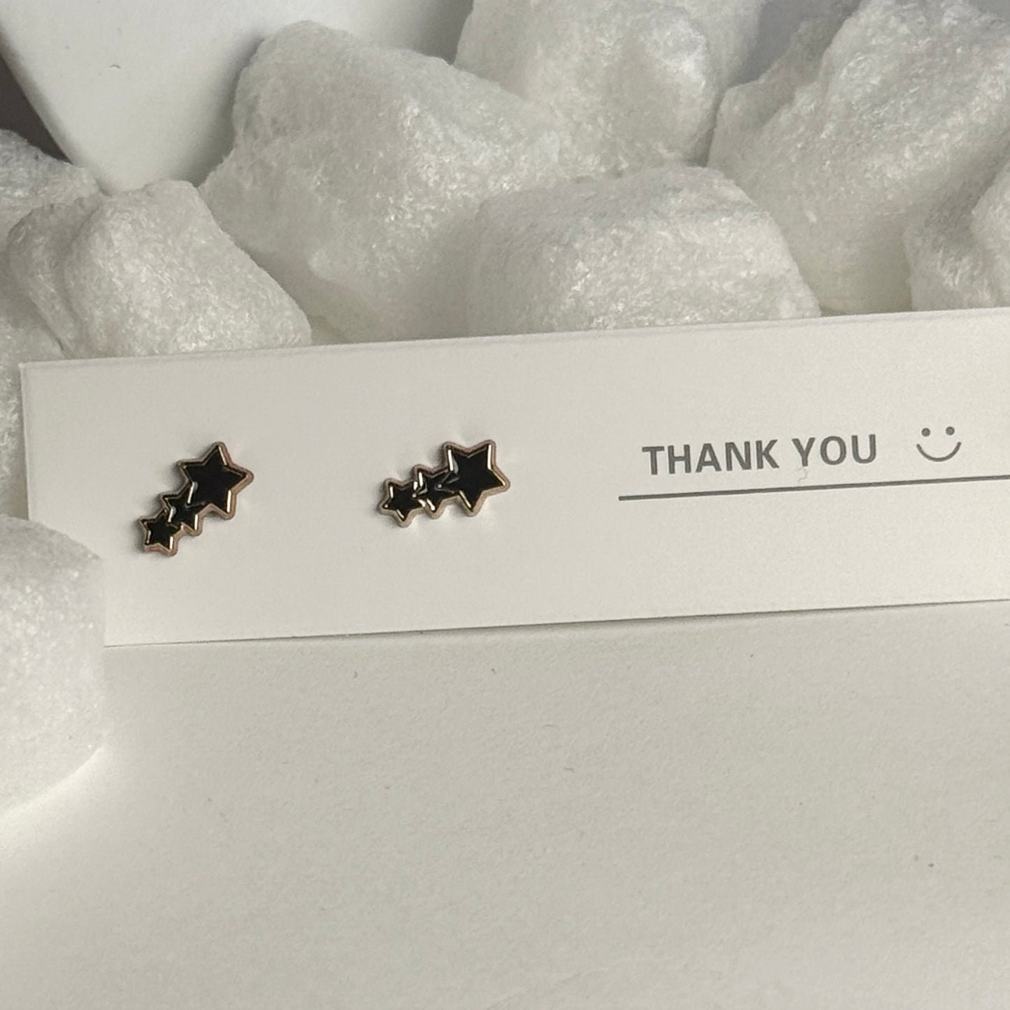 Black Enamel Triple Star Gold Frame Stud Earrings B