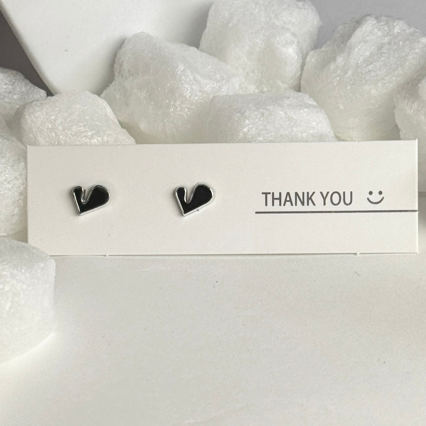 Black Enamel Heart Silver Frame Stud Earrings B