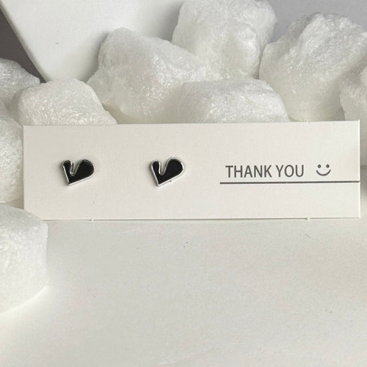 Black Enamel Heart Silver Frame Stud Earrings B