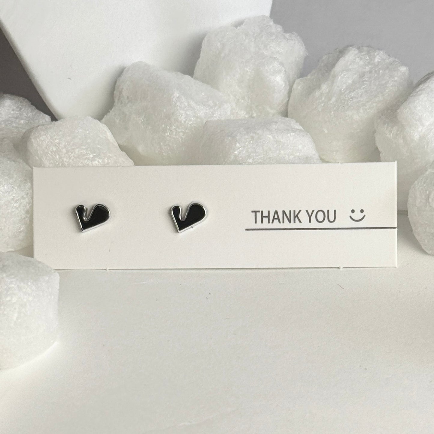 Black Enamel Heart Silver Frame Stud Earrings B