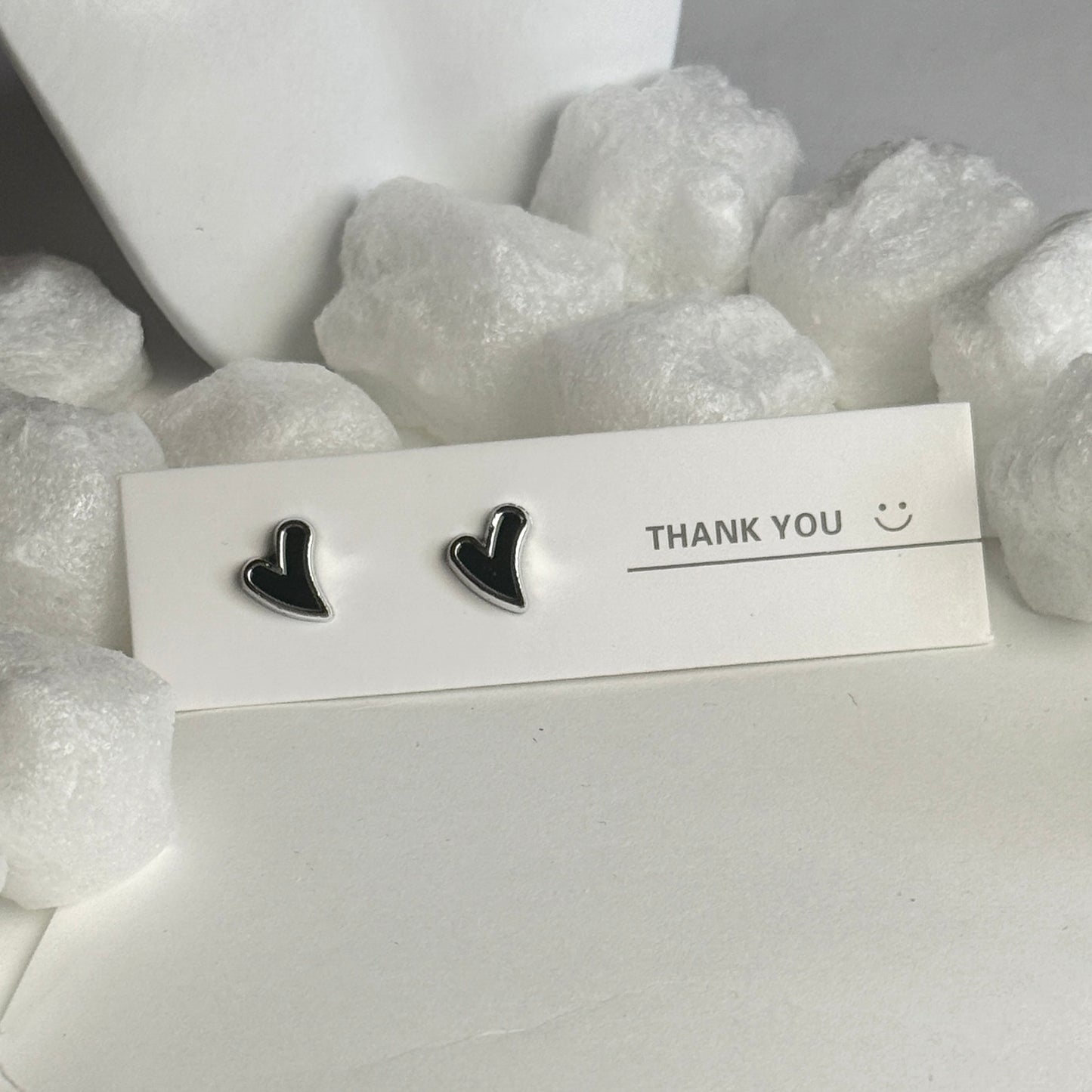 Black Enamel Heart Silver Frame Stud Earrings B
