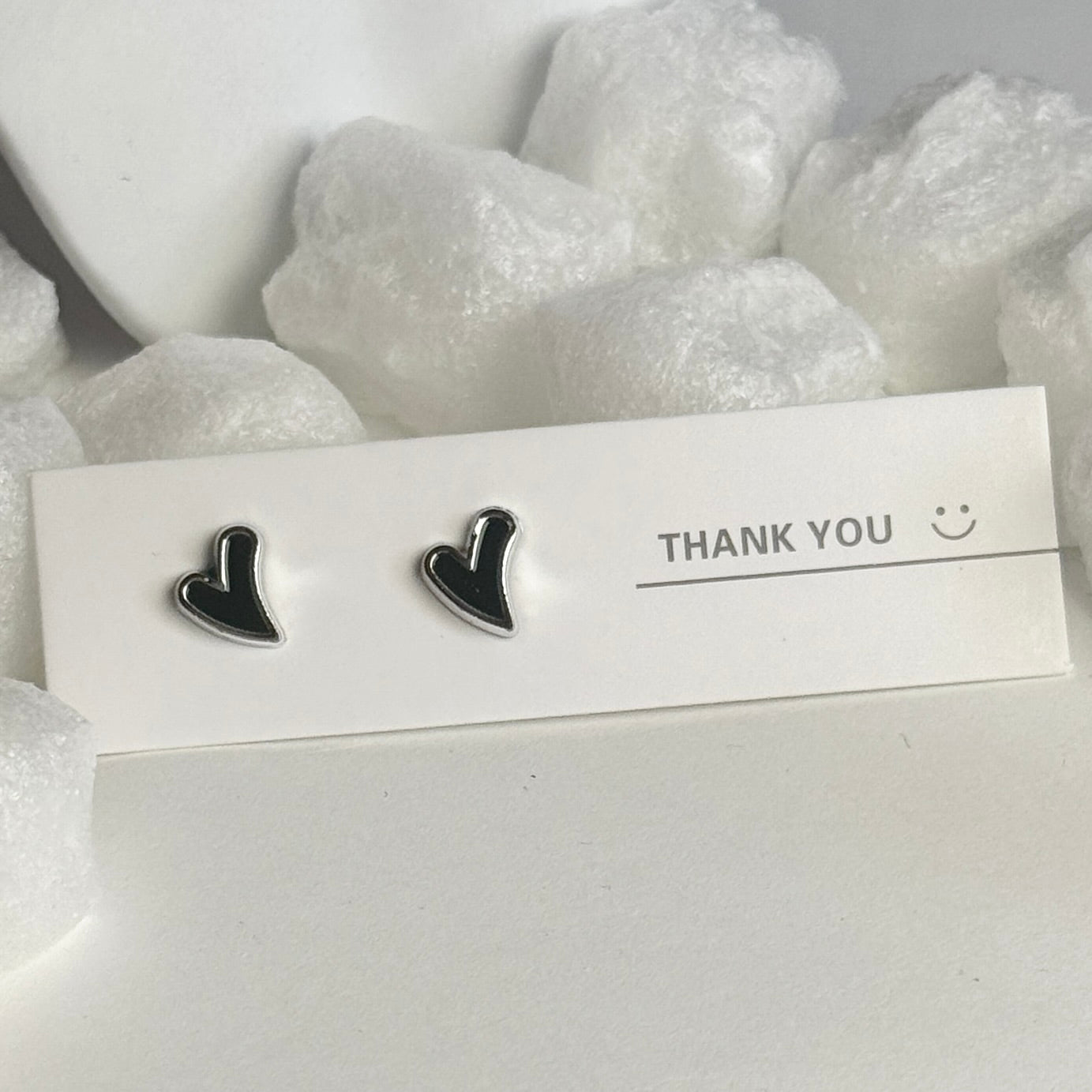 Black Enamel Heart Silver Frame Stud Earrings B