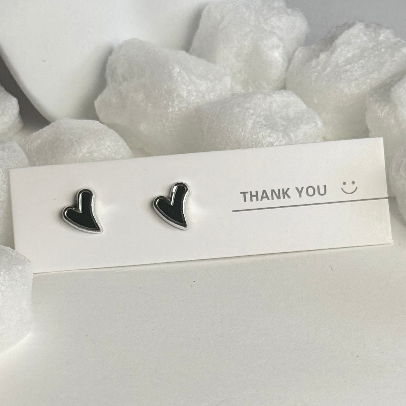 Black Enamel Heart Silver Frame Stud Earrings B