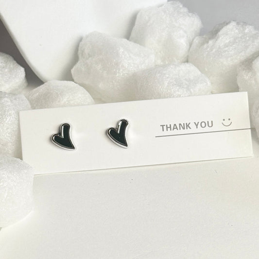 Black Enamel Heart Silver Frame Stud Earrings B