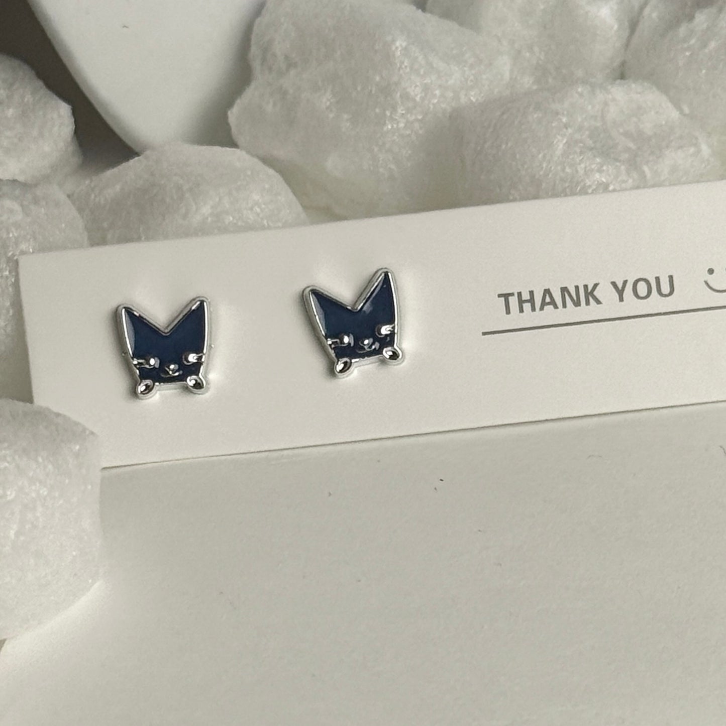 Black Enamel Cat Face Silver Frame Stud Earrings B