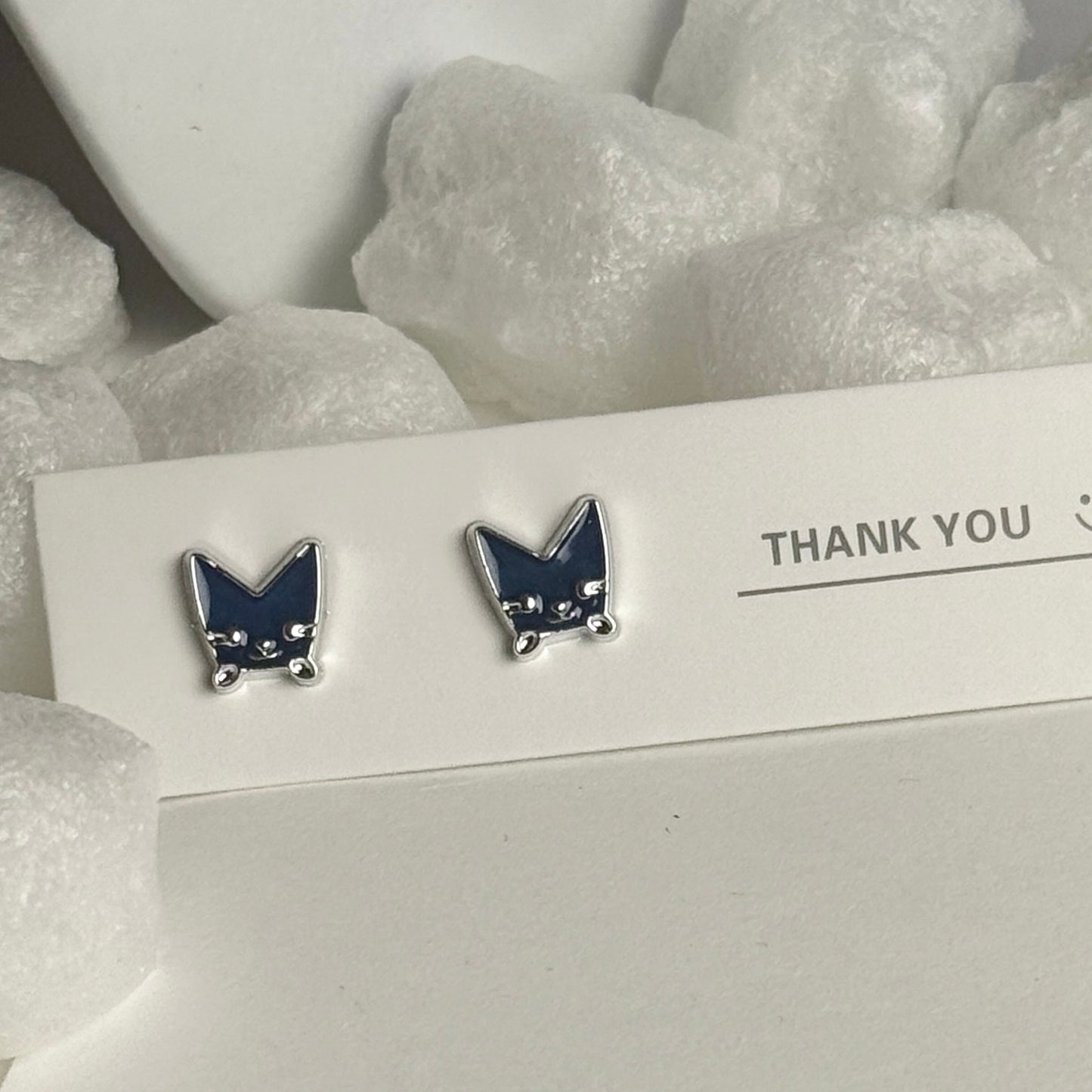 Black Enamel Cat Face Silver Frame Stud Earrings B