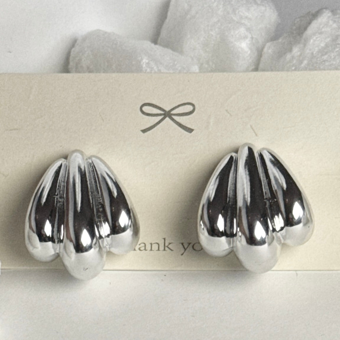 Silver Ridged Teardrop Stud Earrings