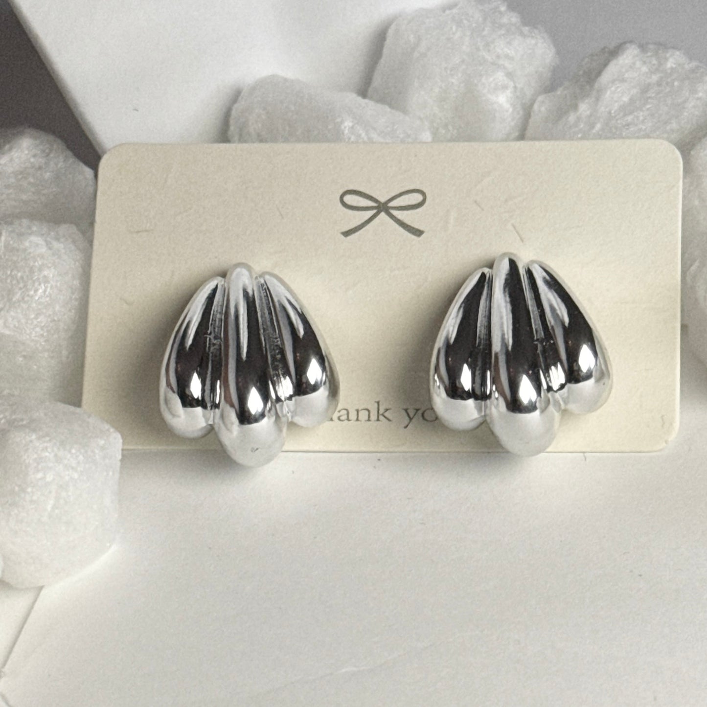Silver Ridged Teardrop Stud Earrings