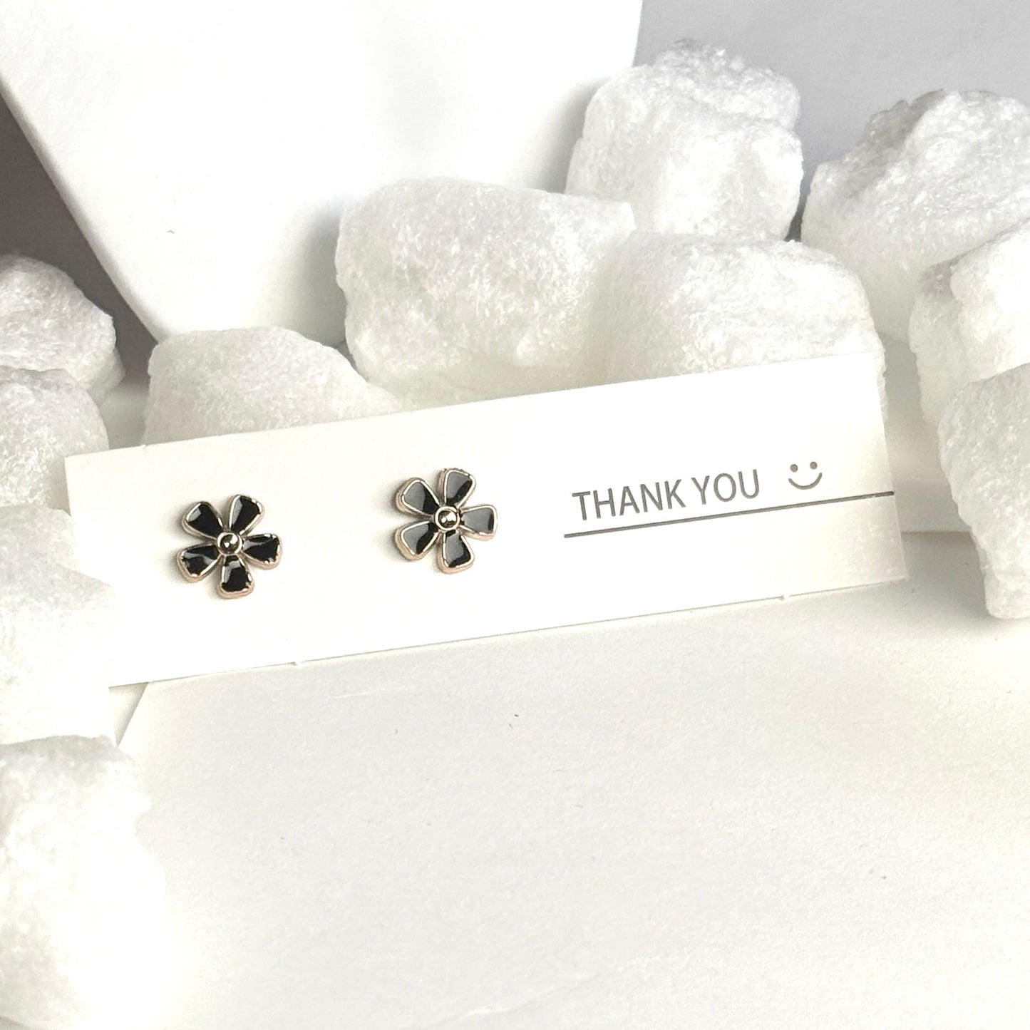 Black Enamel Flower Silver Frame Stud Earrings B
