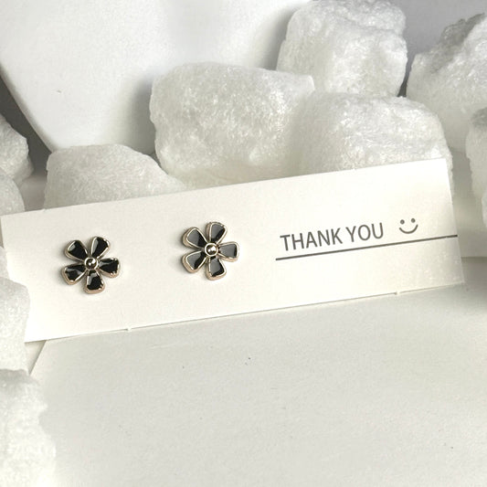 Black Enamel Flower Silver Frame Stud Earrings B