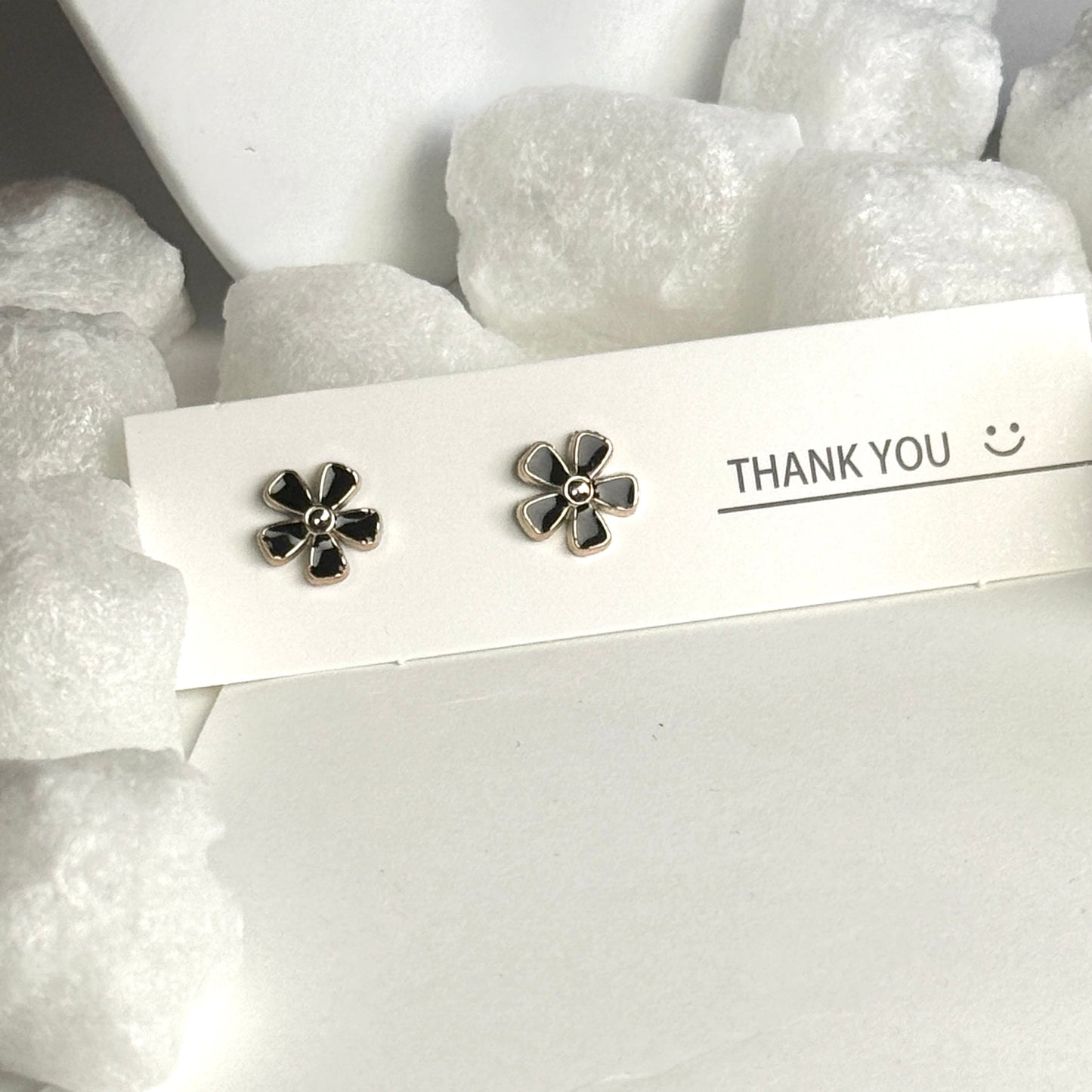 Black Enamel Flower Silver Frame Stud Earrings B