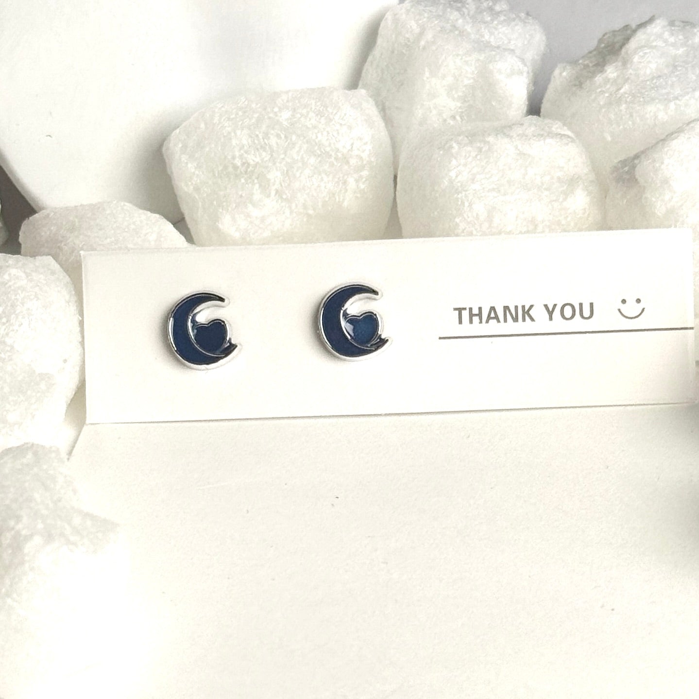 Navy Blue Enamel Crescent Moon Silver Frame Stud Earrings B