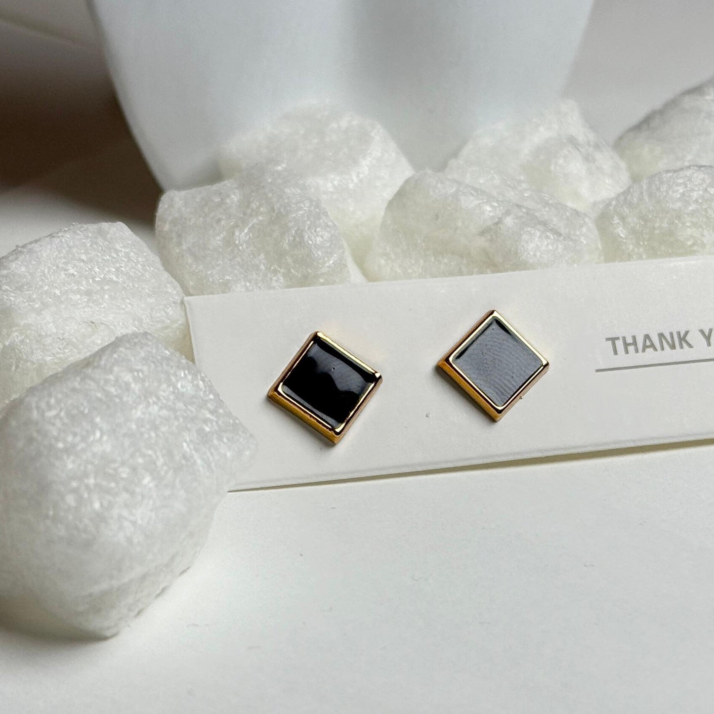 Black Square Stud Earrings with Gold Trim G