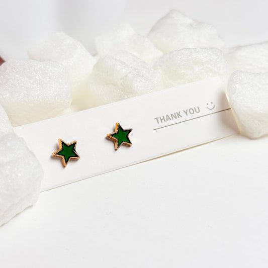 Green Star Stud Earrings with Gold Trim and Beaded Detailing G