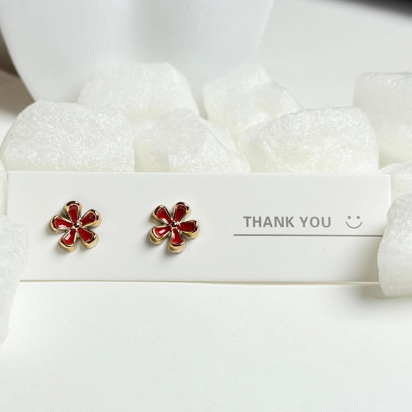 Red Enamel Daisy Flower Golden Stud Earrings G