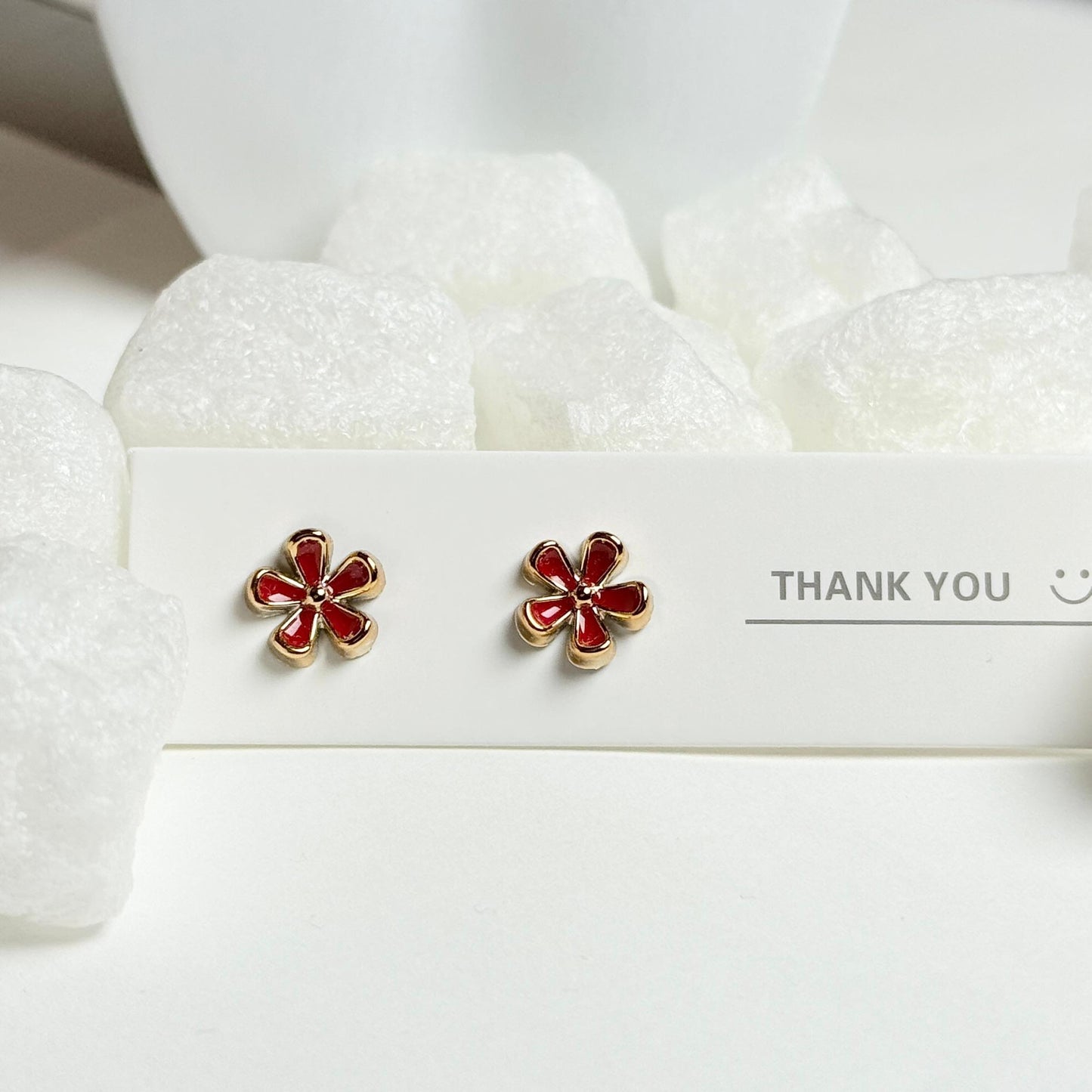 Red Enamel Daisy Flower Golden Stud Earrings G