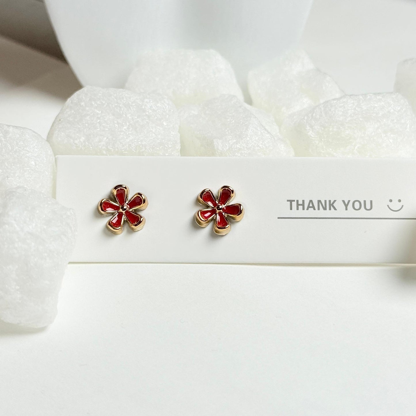 Red Enamel Daisy Flower Golden Stud Earrings G