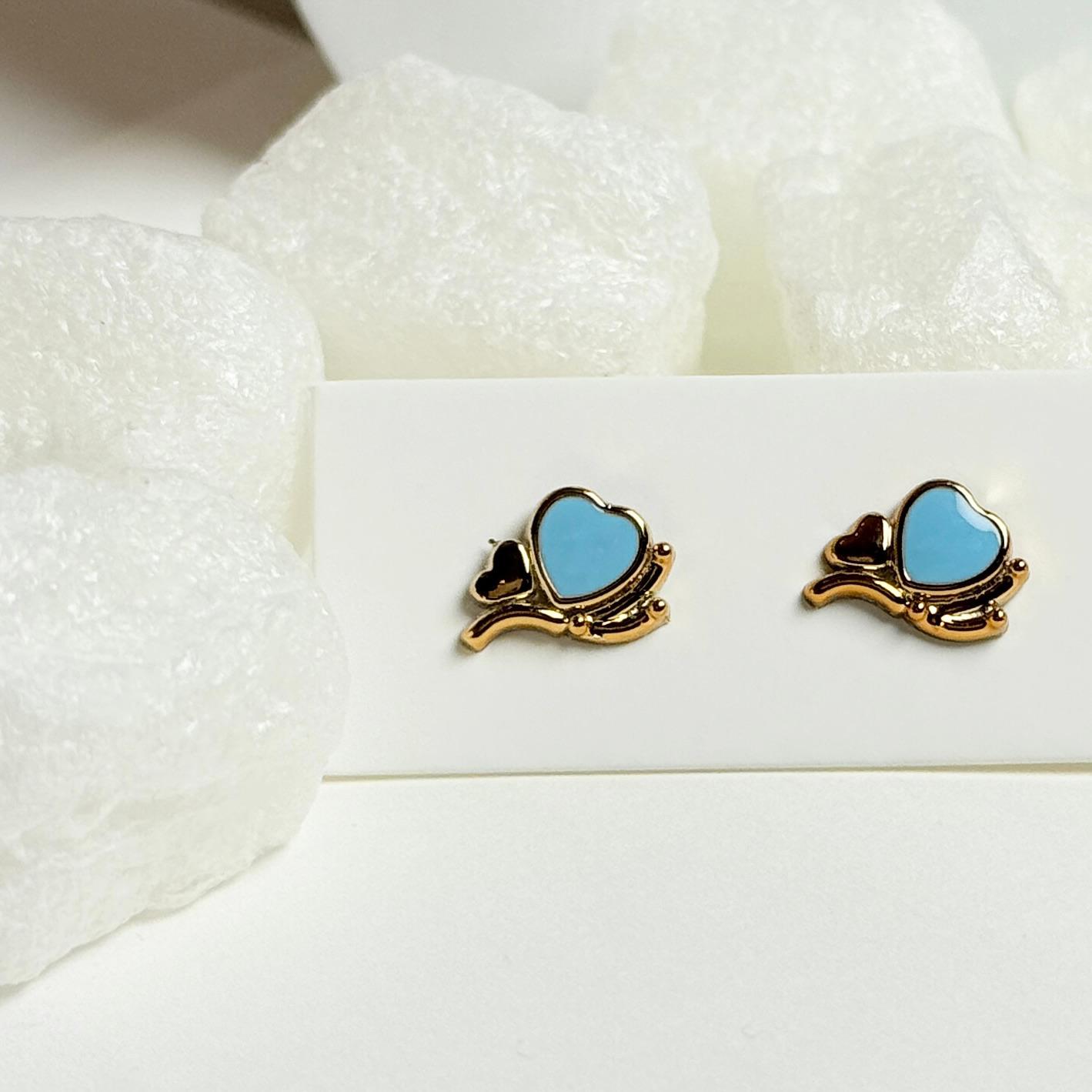 Blue Heart Golden Crown Stud Earrings G