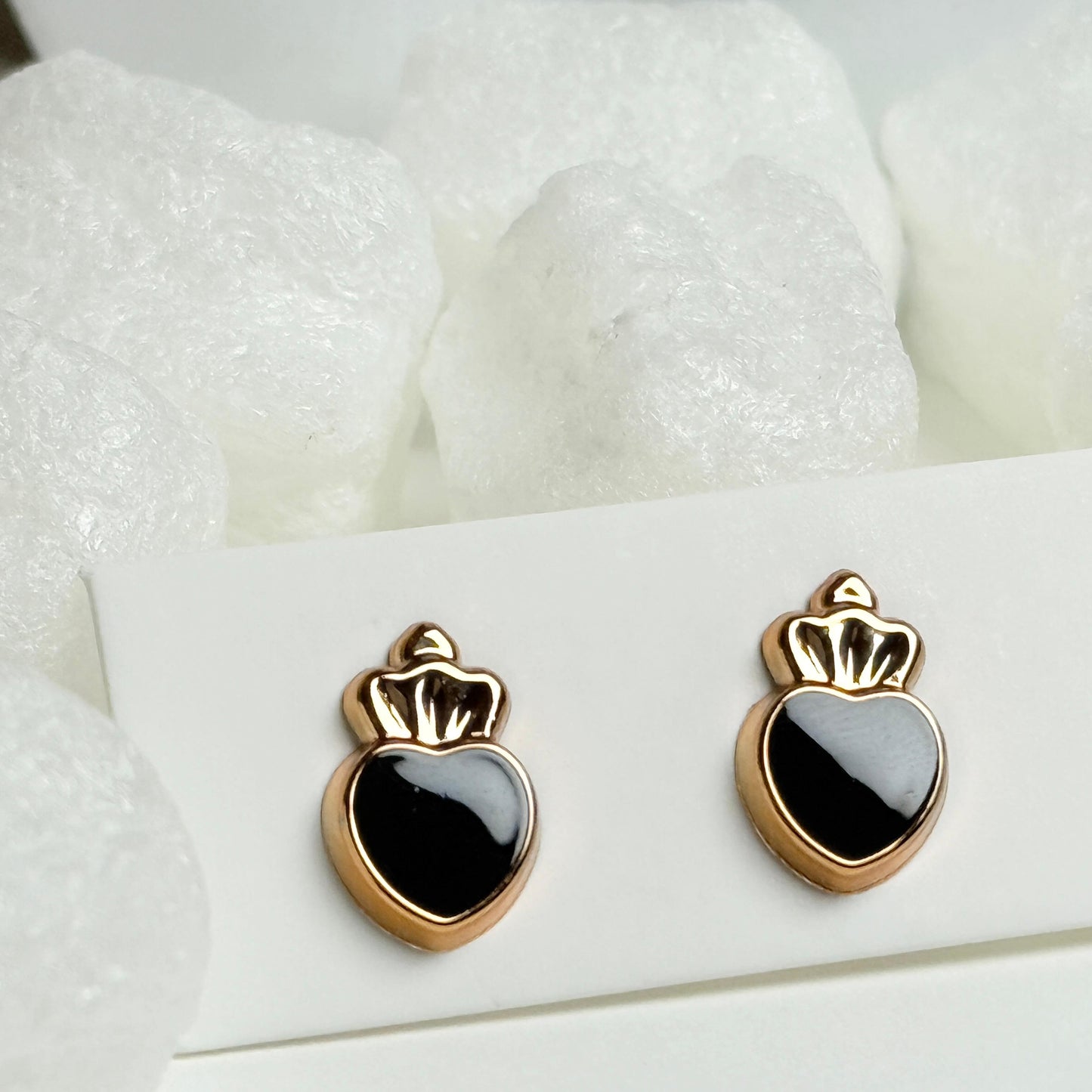 Gold Crown Heart Stud Earrings with Black Enamel G