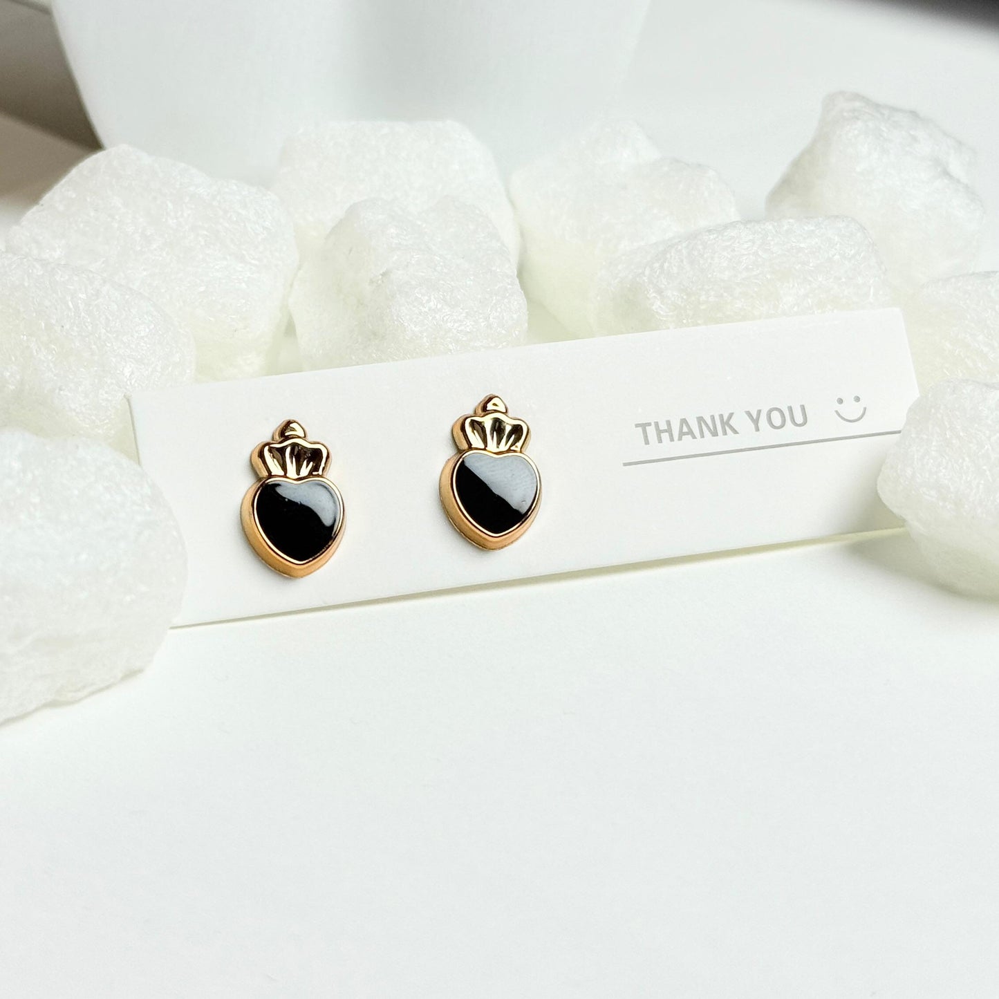 Gold Crown Heart Stud Earrings with Black Enamel G