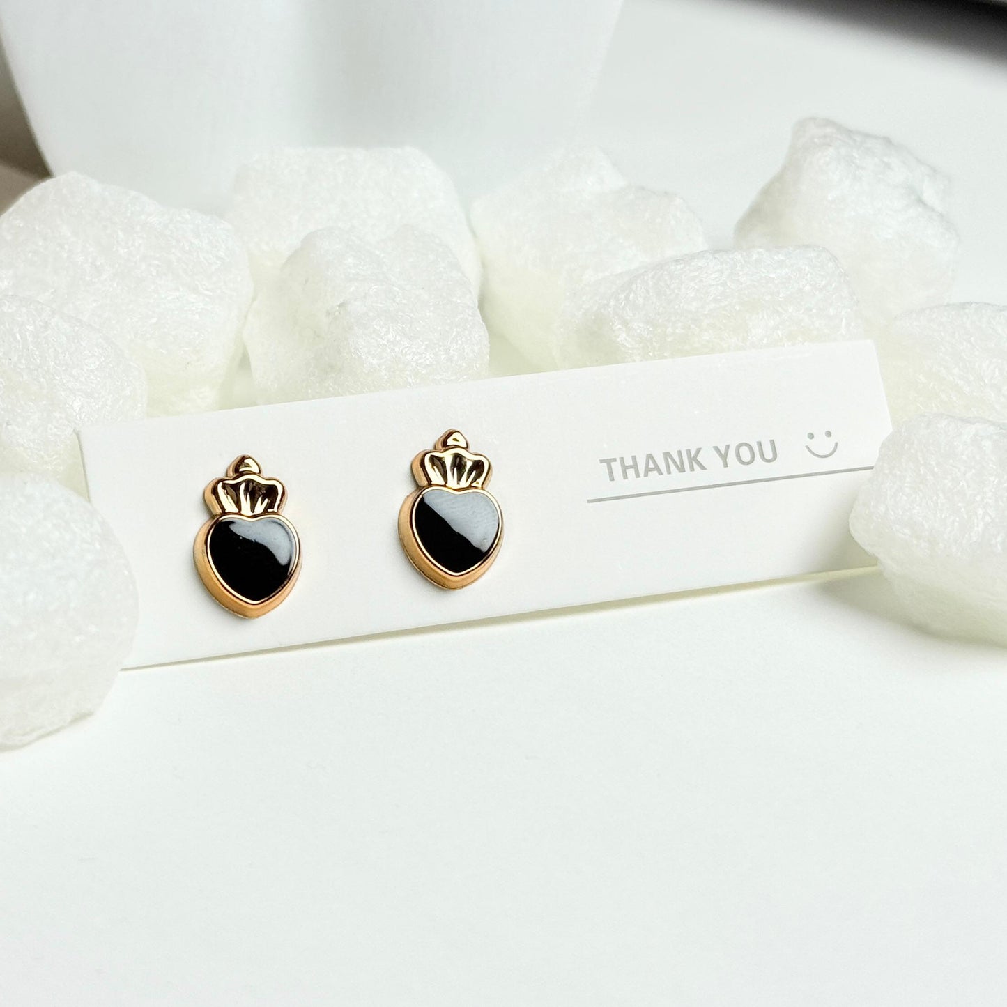 Gold Crown Heart Stud Earrings with Black Enamel G