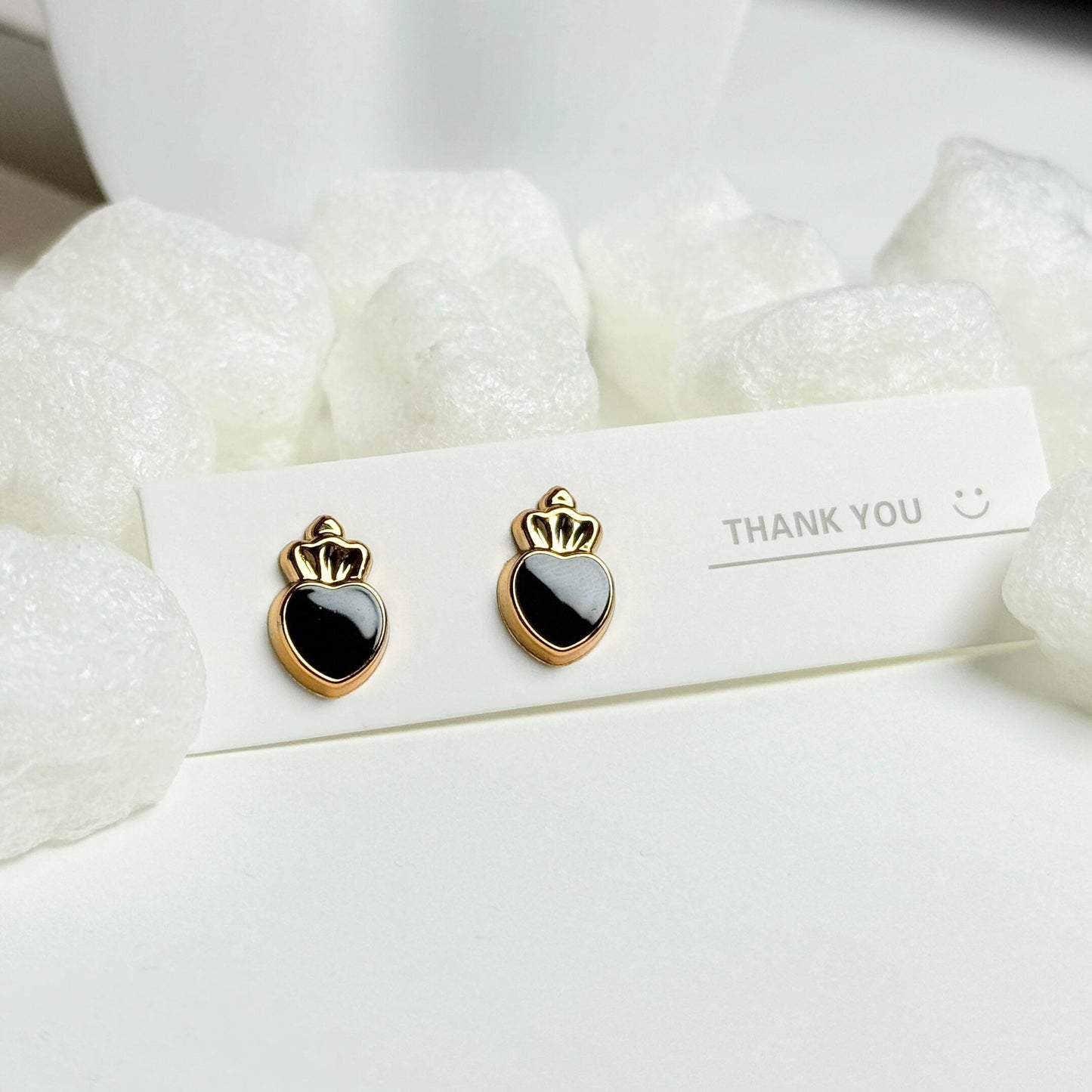 Gold Crown Heart Stud Earrings with Black Enamel G