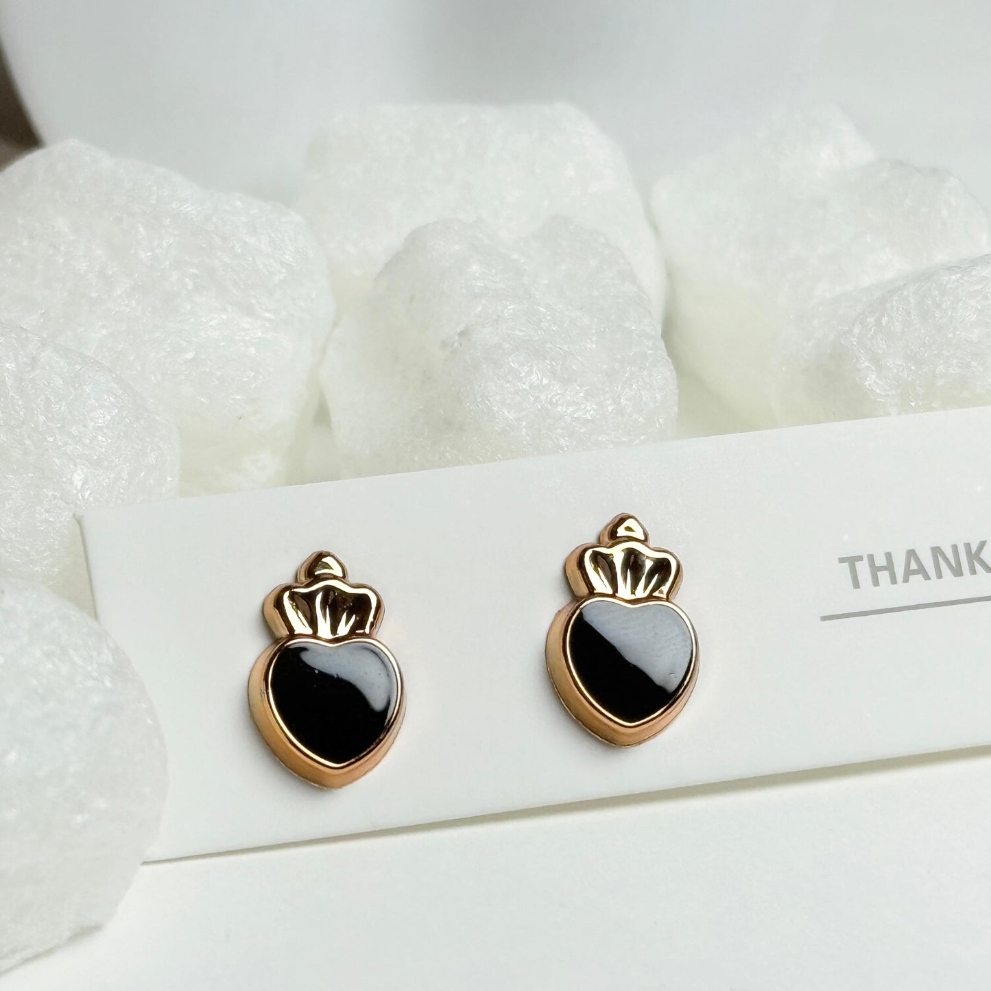 Gold Crown Heart Stud Earrings with Black Enamel G