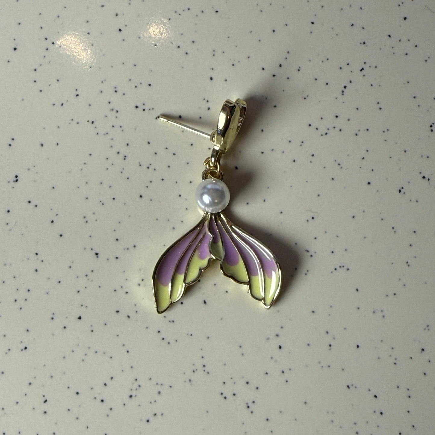 Mermaid Tail Pearl Drop Earrings - Purple & Gold Enamel