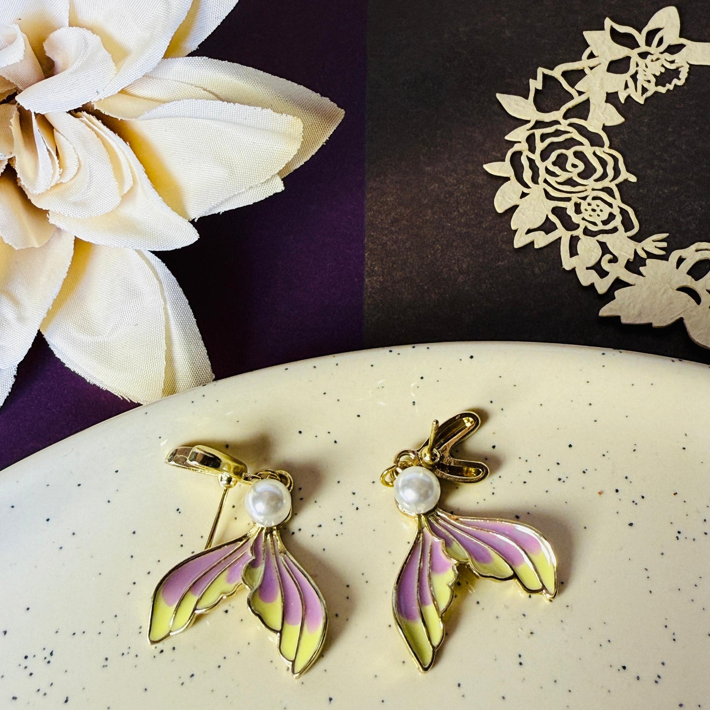 Mermaid Tail Pearl Drop Earrings - Purple & Gold Enamel