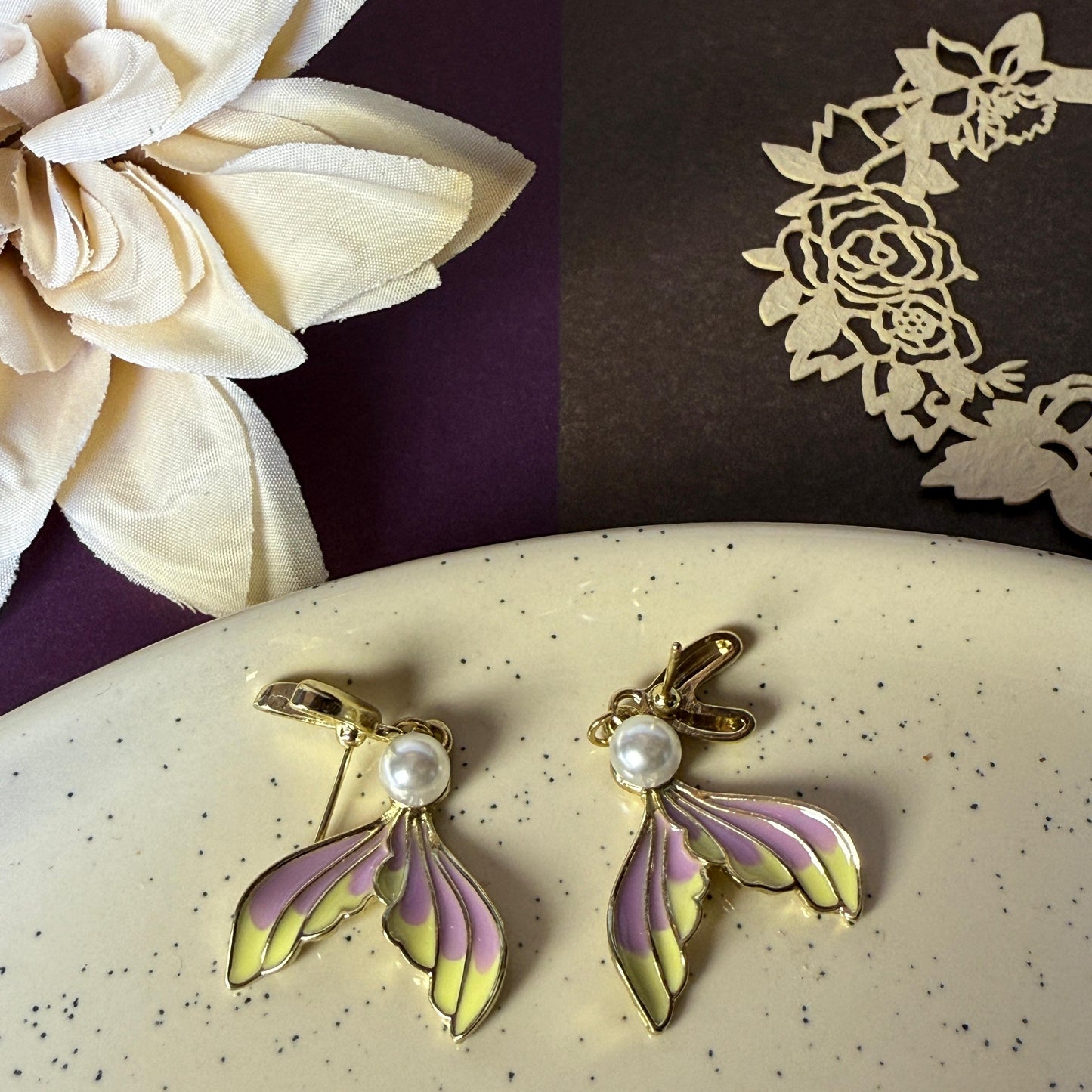 Mermaid Tail Pearl Drop Earrings - Purple & Gold Enamel