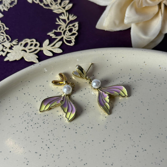 Mermaid Tail Pearl Drop Earrings - Purple & Gold Enamel