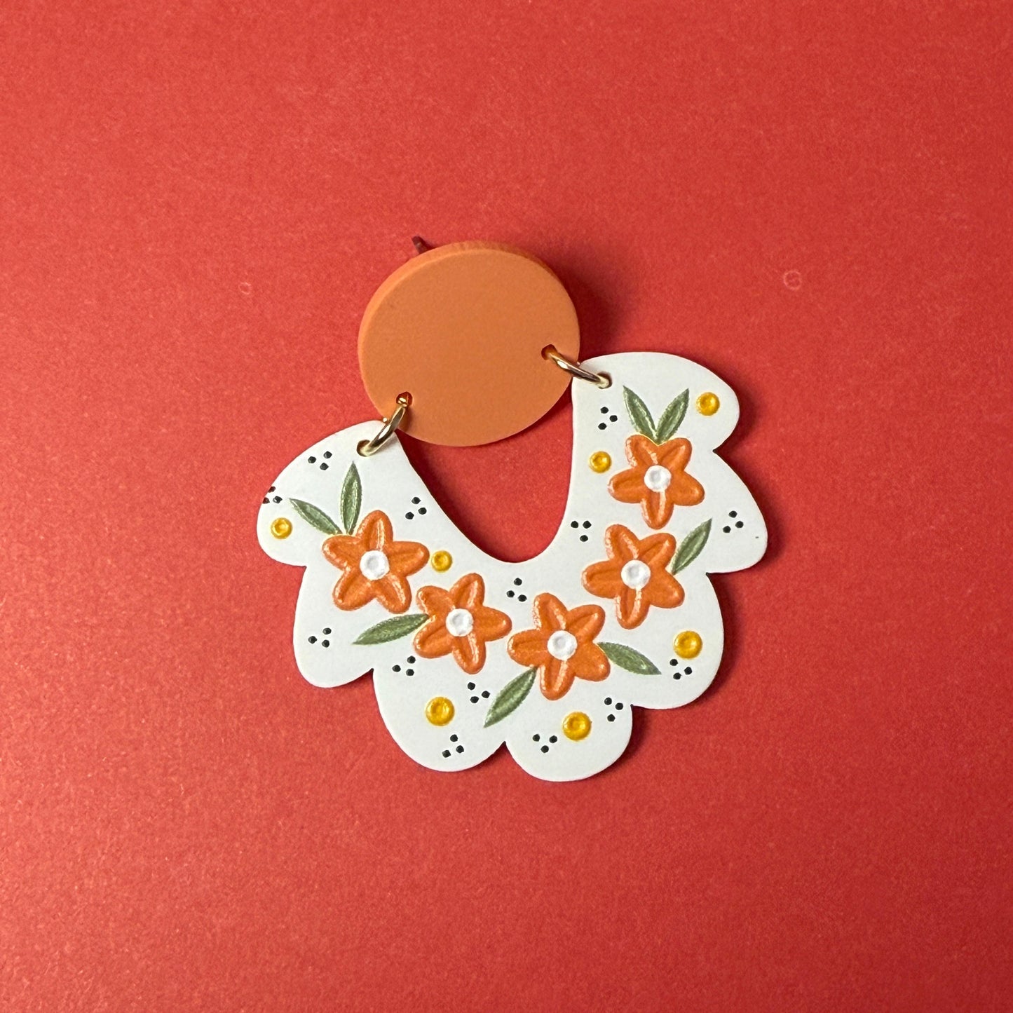 Scalloped Floral Drop Earrings - Terracotta & White