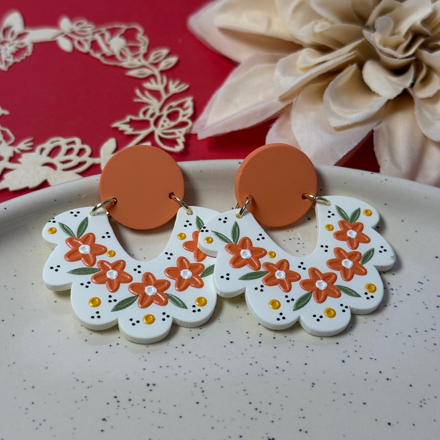 Scalloped Floral Drop Earrings - Terracotta & White