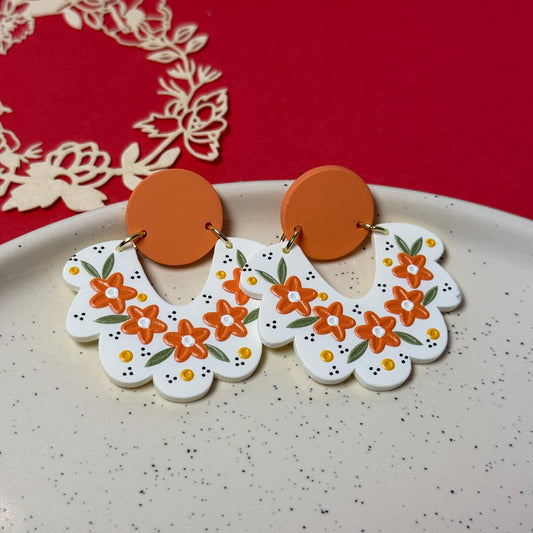Scalloped Floral Drop Earrings - Terracotta & White