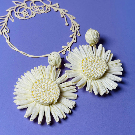 Oversized Daisy Statement Earrings - Cream Raffia