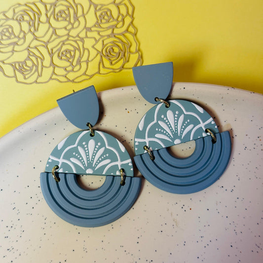 Art Deco Fan Drop Earrings - Sage Green bluish Acrylic