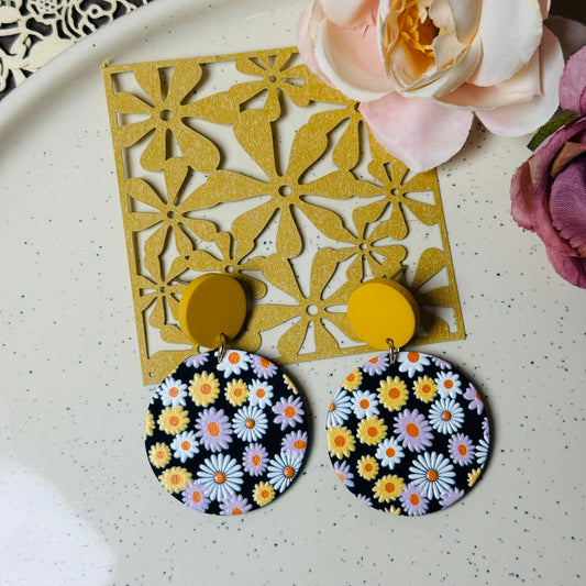 Daisy Garden Drop Earrings - Yellow & Black Acrylic