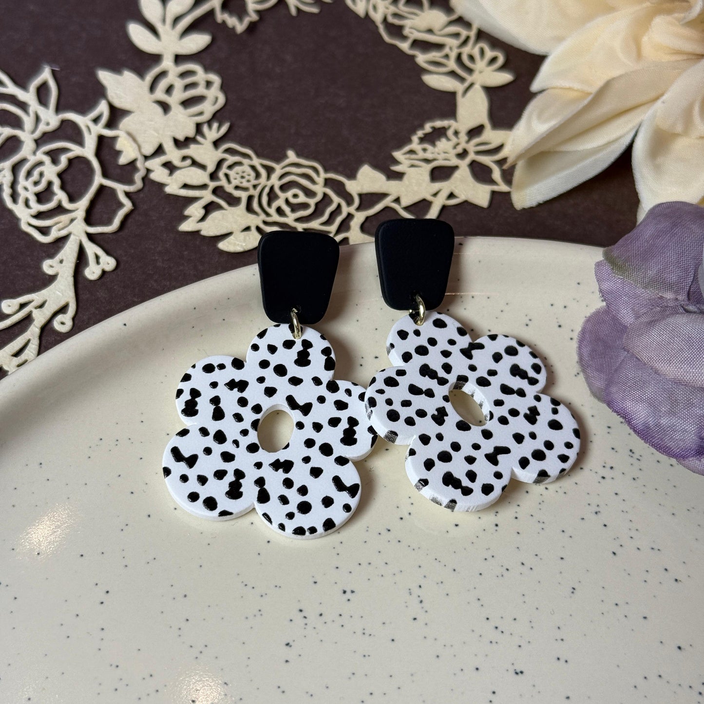 Dalmatian Print Flower Drop Earrings - Black & White Acrylic