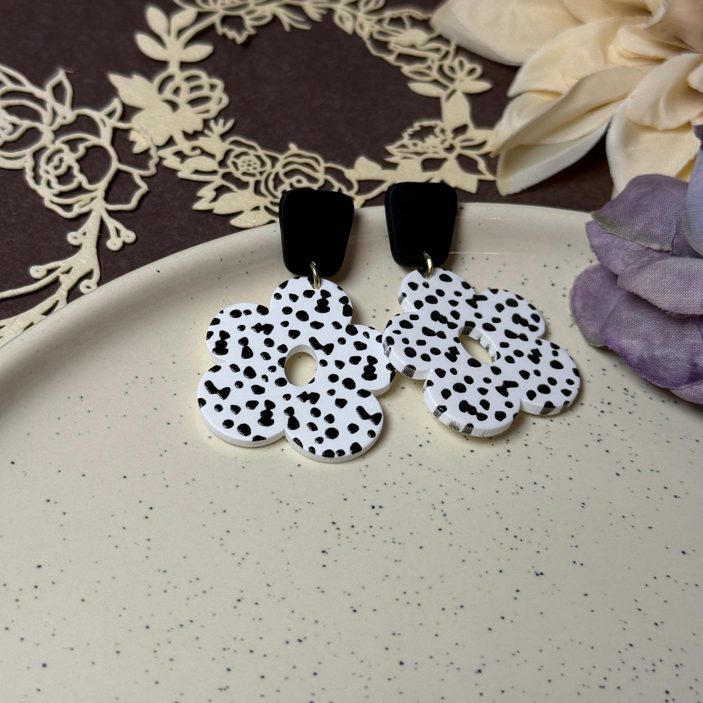 Dalmatian Print Flower Drop Earrings - Black & White Acrylic