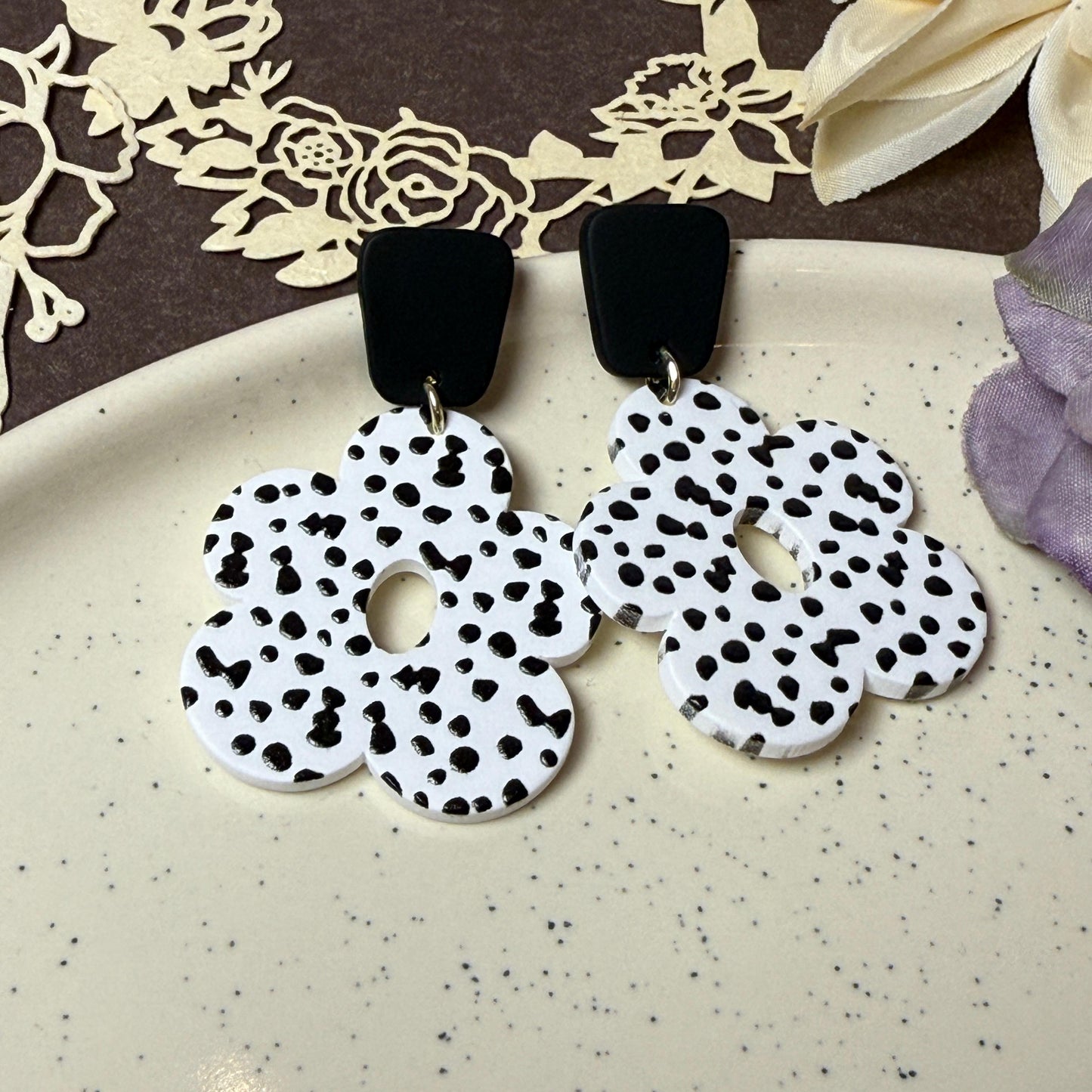 Dalmatian Print Flower Drop Earrings - Black & White Acrylic