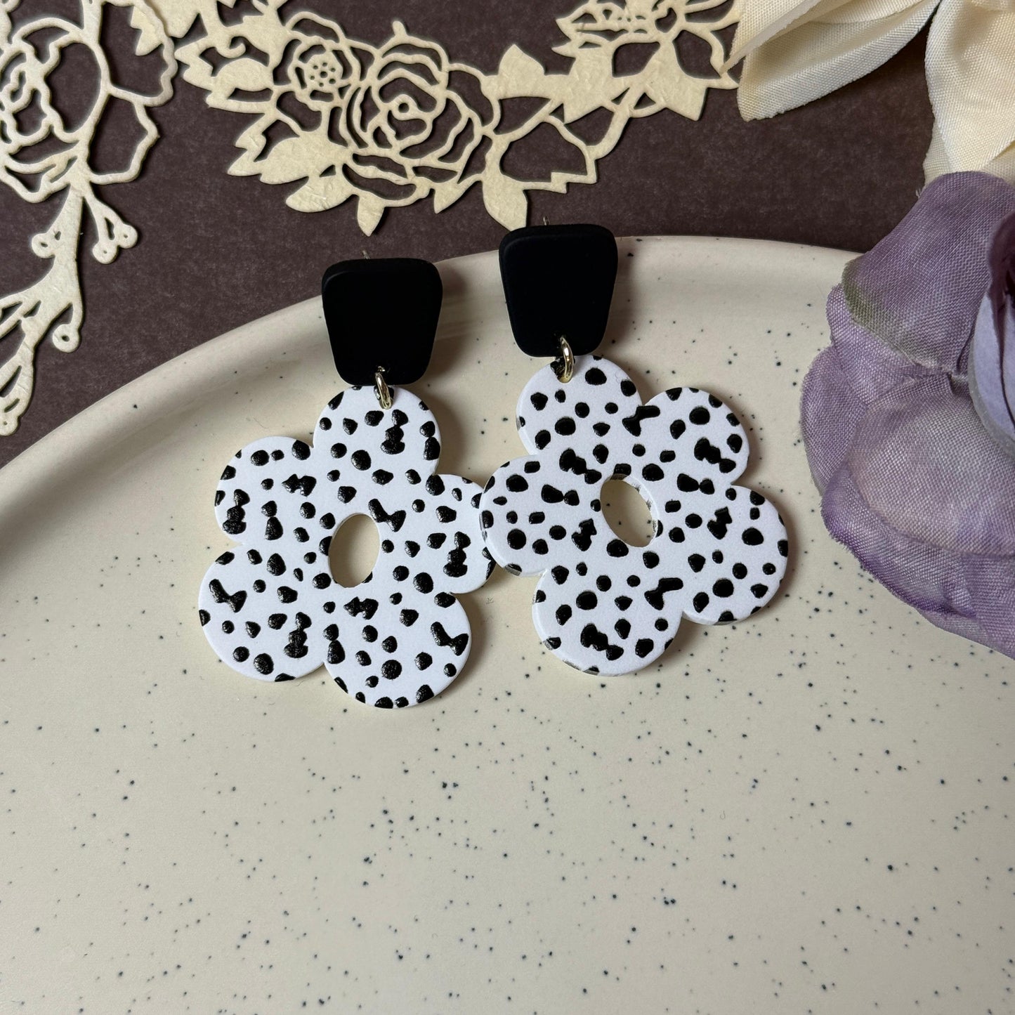Dalmatian Print Flower Drop Earrings - Black & White Acrylic