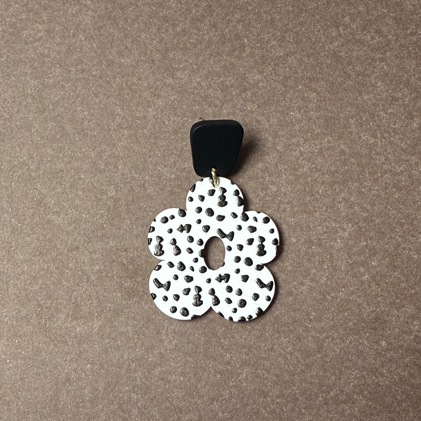 Dalmatian Print Flower Drop Earrings - Black & White Acrylic