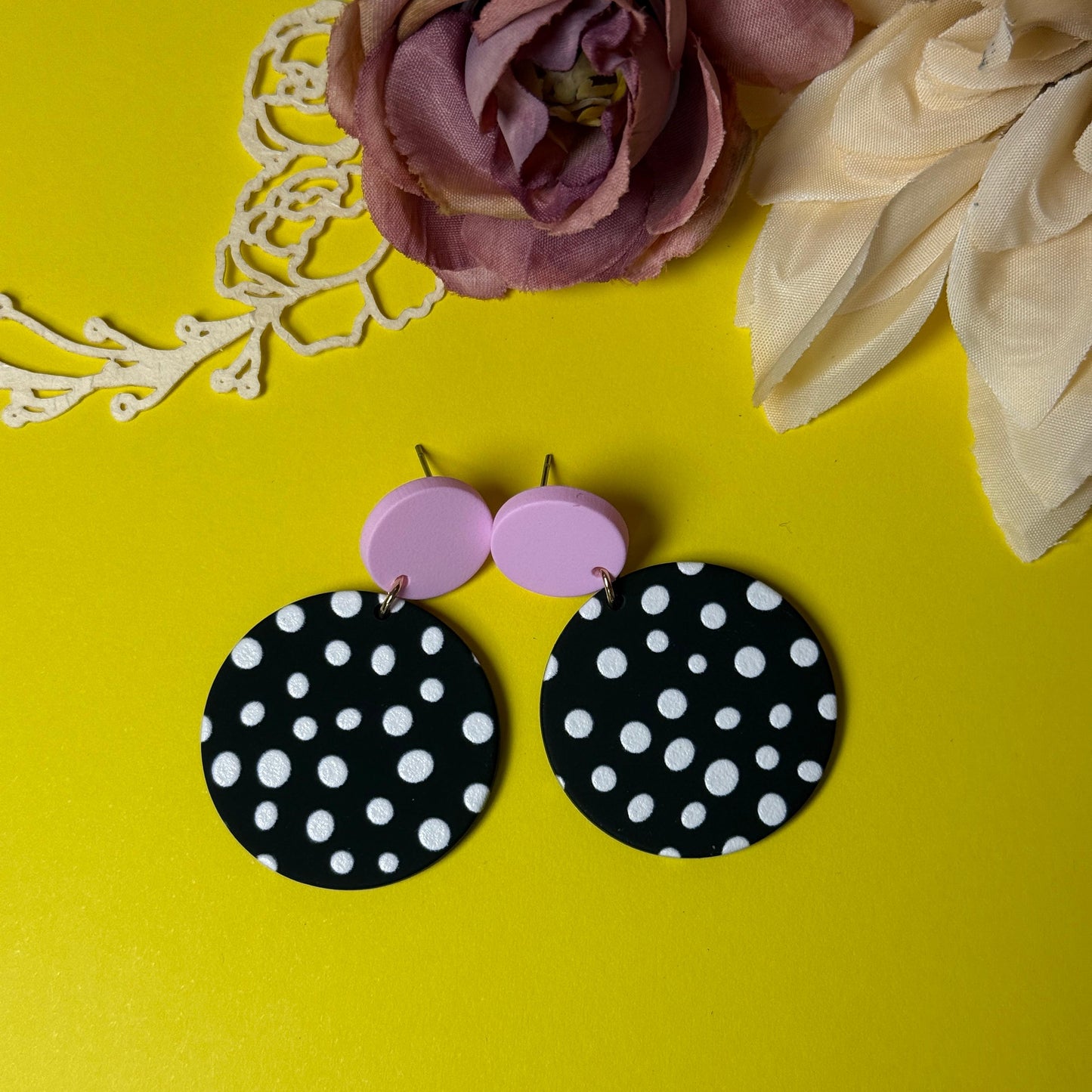 Polka Dot Drop Earrings - Pink & Black Acrylic