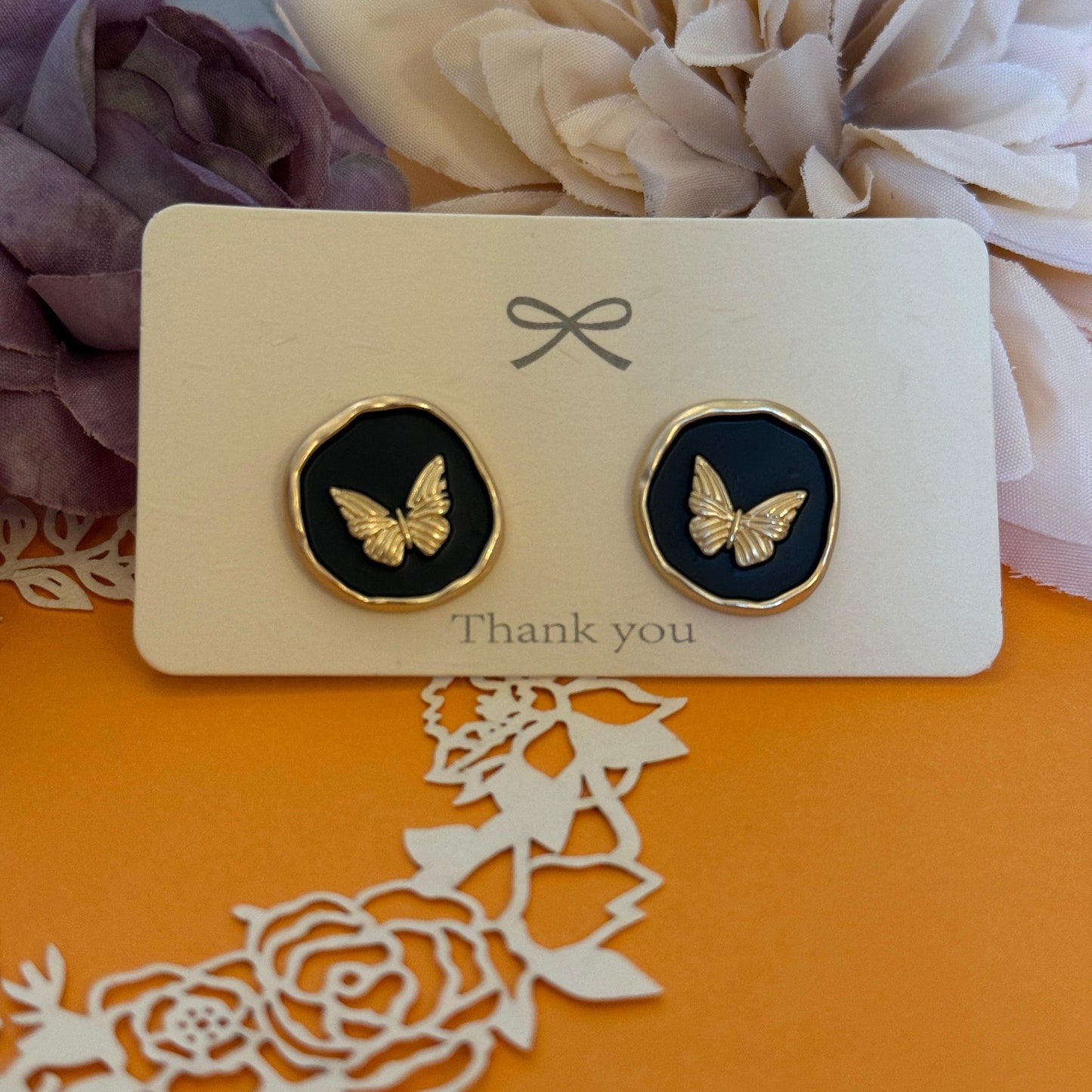 Golden Butterfly Stud Earrings - Navy & Gold