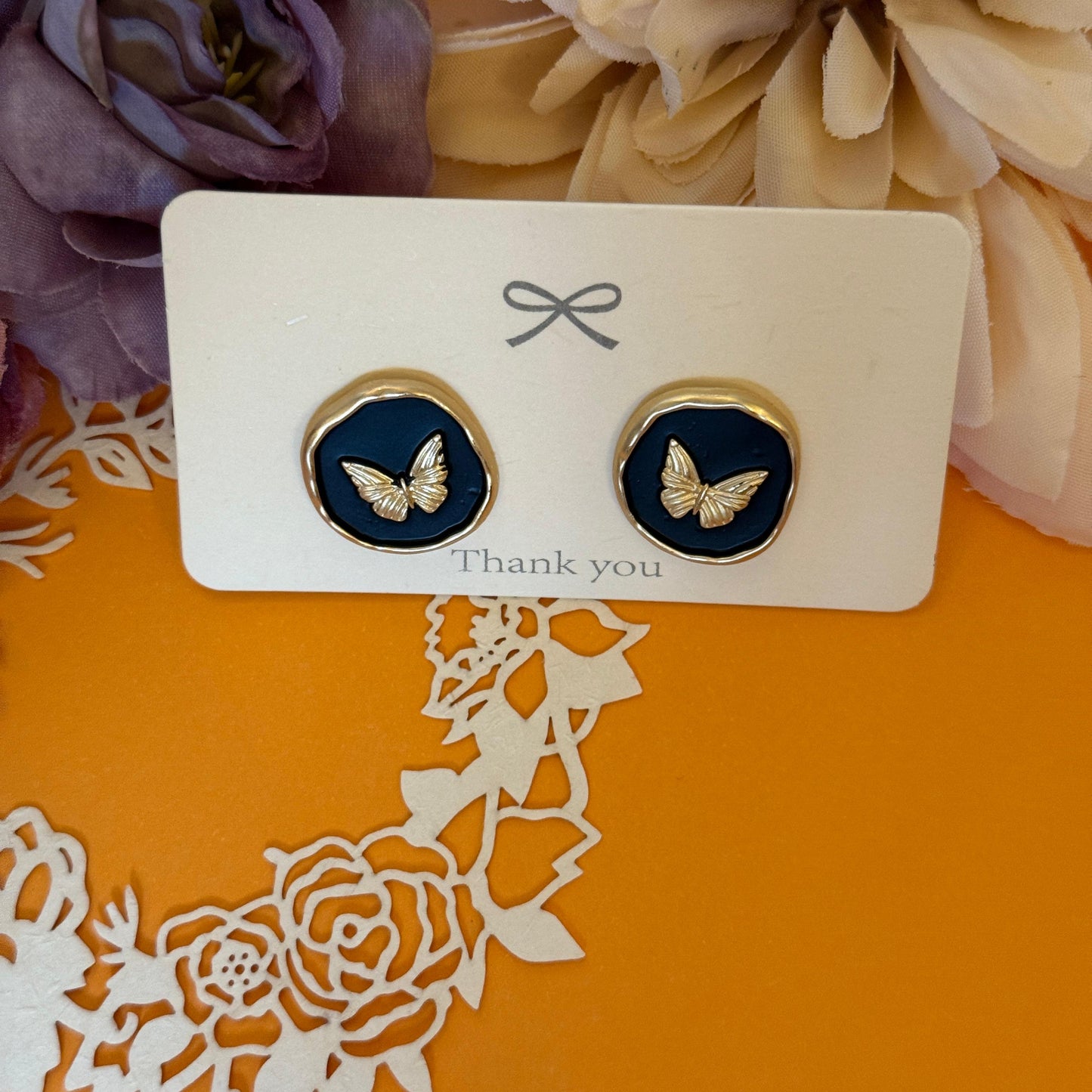 Golden Butterfly Stud Earrings - Navy & Gold
